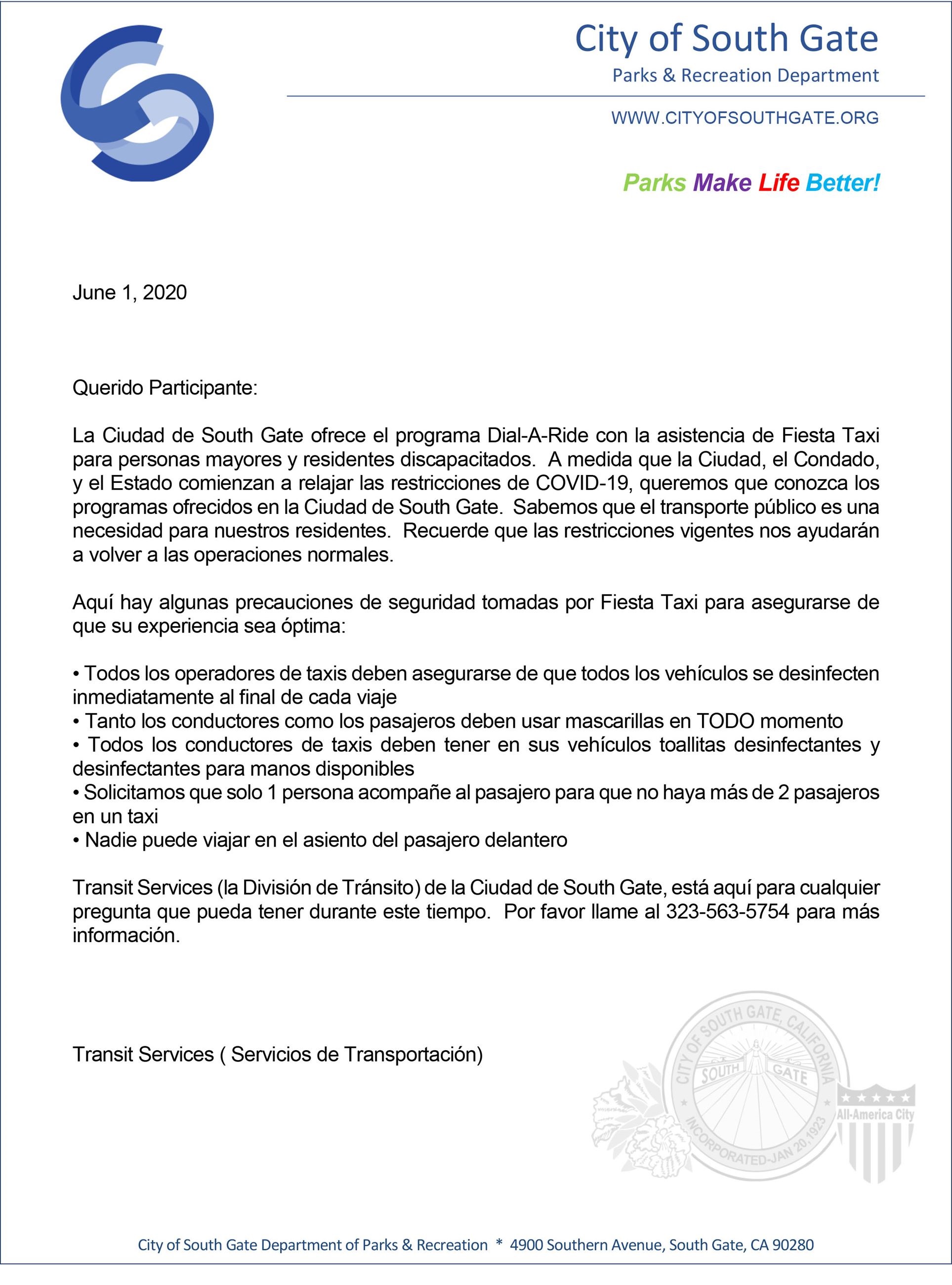 Phone a ride information in spanish