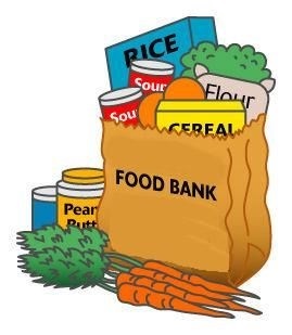 Infographics of a paper bag with food bank written on the outside and variety of food items on the inside